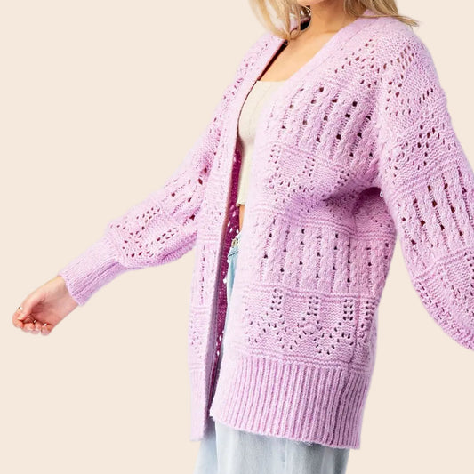 Lilac Long Waist Crochet Cardigan