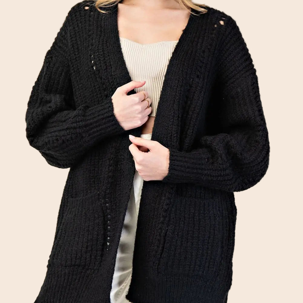 Black Cardigan with Side Slits and Pockets