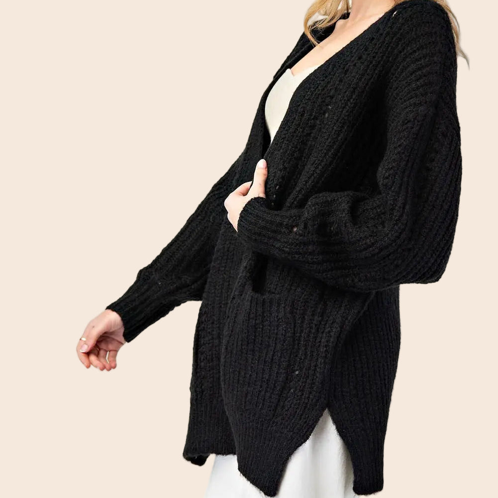 Black Cardigan with Side Slits and Pockets