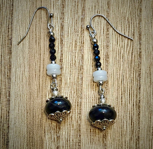 Faceted Onyx and Black and White Agate Earrings