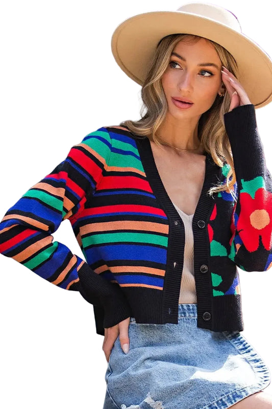 Floral and Stripe Print Cardigan