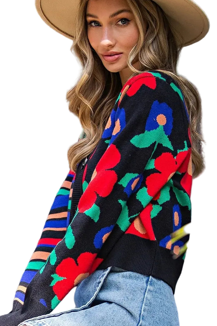 Floral and Stripe Print Cardigan