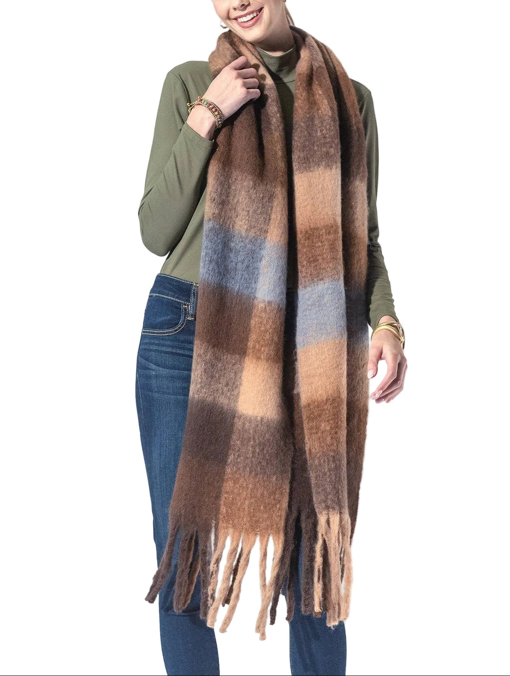 Checkered Brown Fringe Scarf