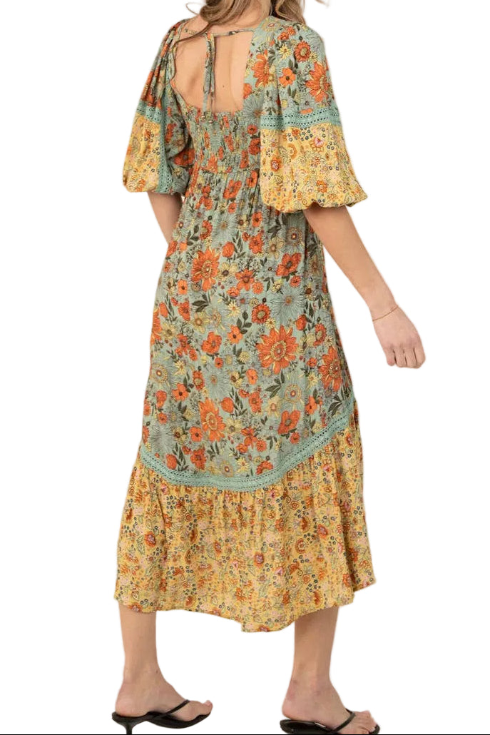 Floral Print Lace Trim Midi Dress
