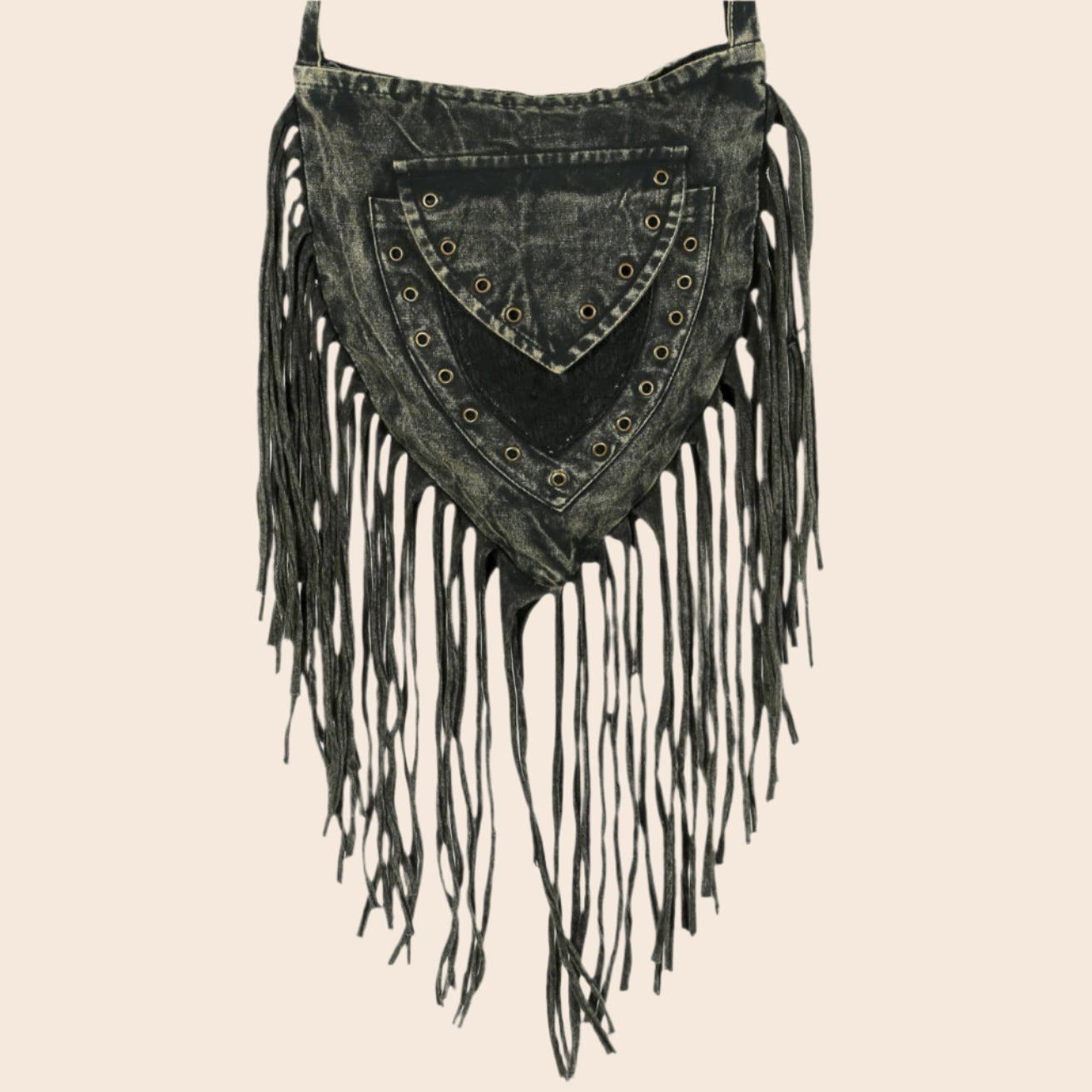 Gray Stonewashed Fringe Triangular Passport Bag