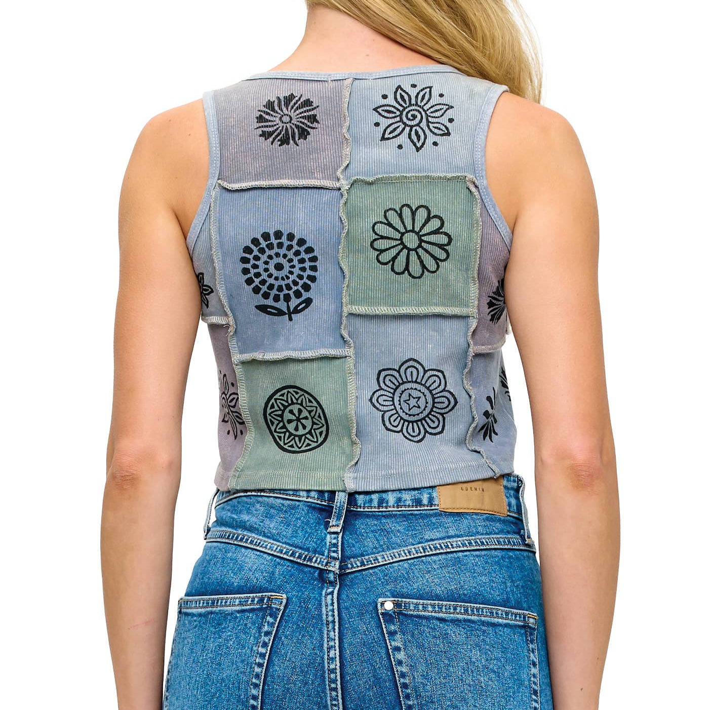 Boho Patchwork Ribbed Crop Tank Top Art Painted