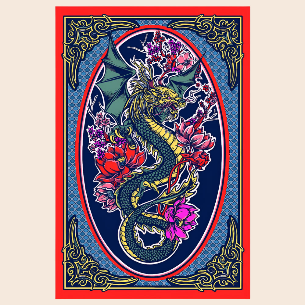 3D Dragons Flowers Tapestry