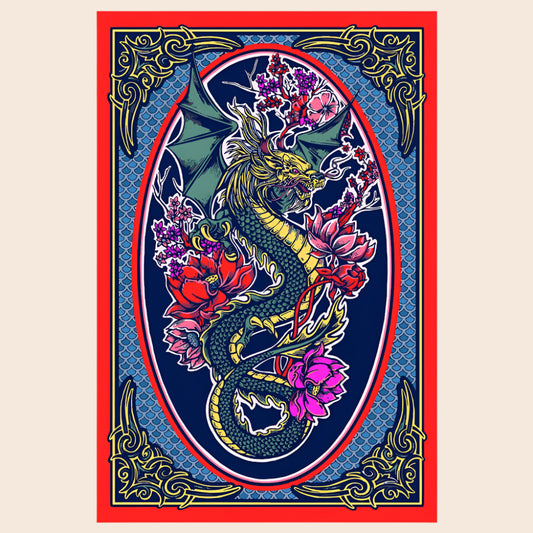 3D Dragons Flowers Tapestry