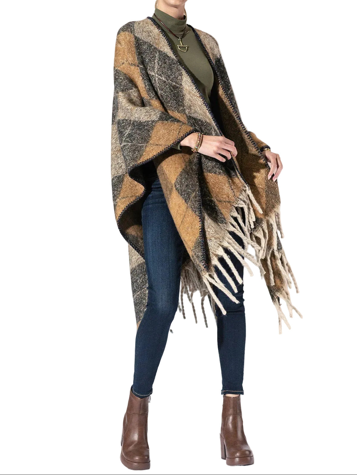 Argyle Pattern Fringe Kimono