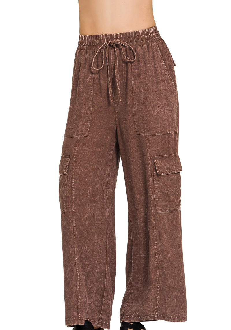 Washed Linen Elastic Waist Cargo Pants