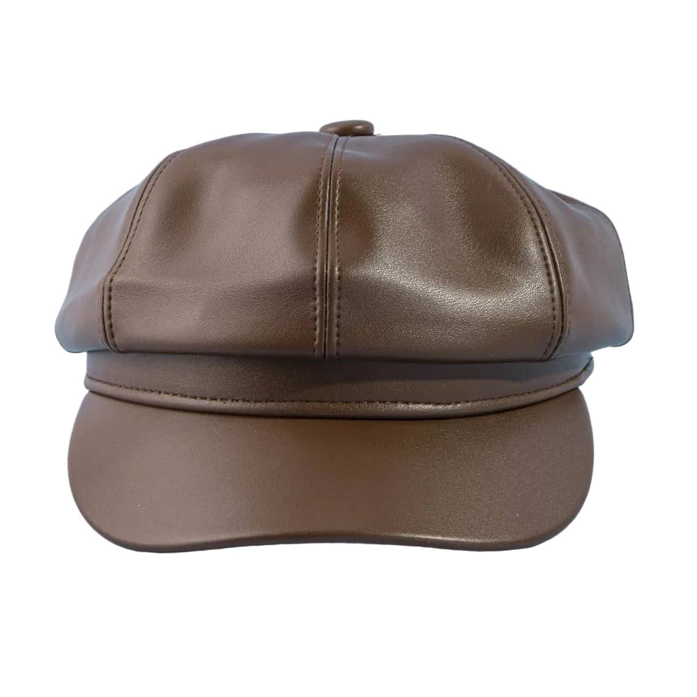 Paneled Vegan Leather Newsboy Cabbie Hat