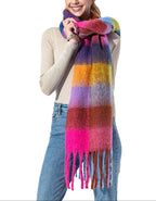 Checkered Fuchsia Fringe Scarf