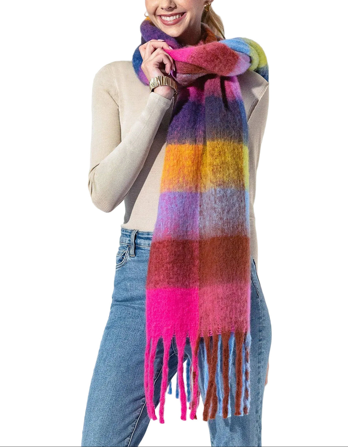 Checkered Fuchsia Fringe Scarf