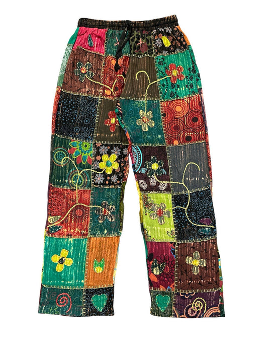 Red and Green Patchwork Flower Embroidery Pants