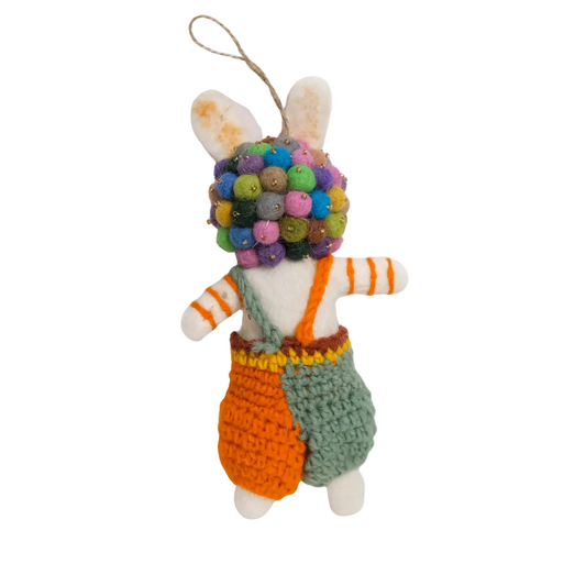 Needle Felted Bunny with Pom Pom Crown and Knitted Overalls