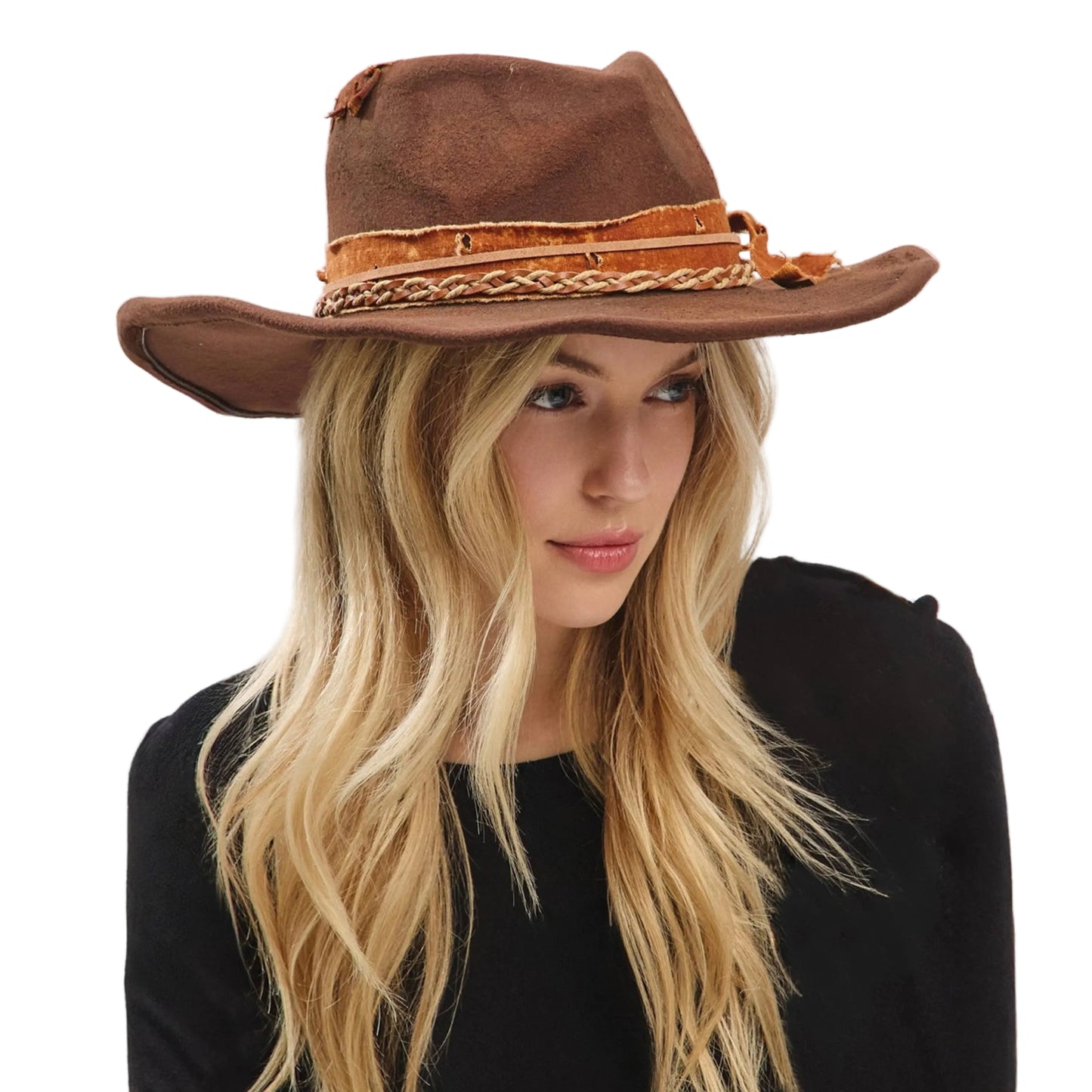 Distressed Band with Feather Cowgirl Fedora Hat