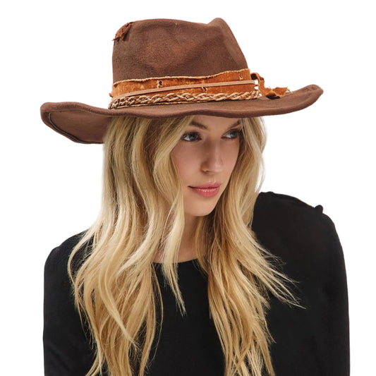Distressed Band with Feather Cowgirl Fedora Hat