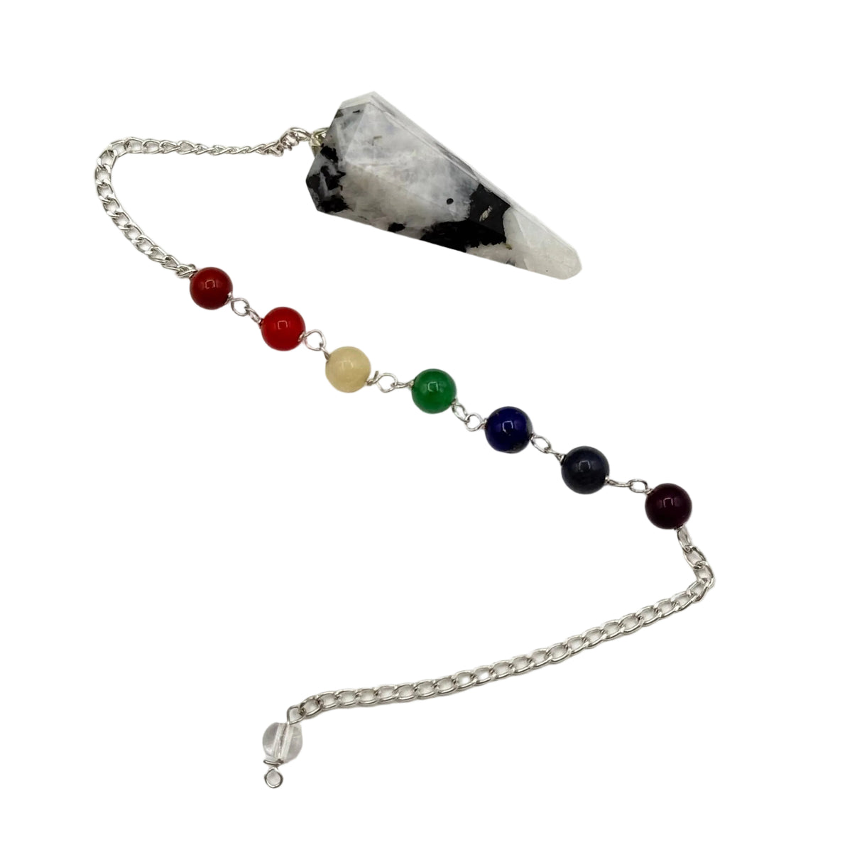 Rainbow Moonstone Pendulum w/Chakra Beads-Silver Plate Chain