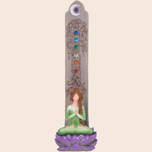 Polyresin Incense Holder - Yoga Goddess w/ Chakra Gems