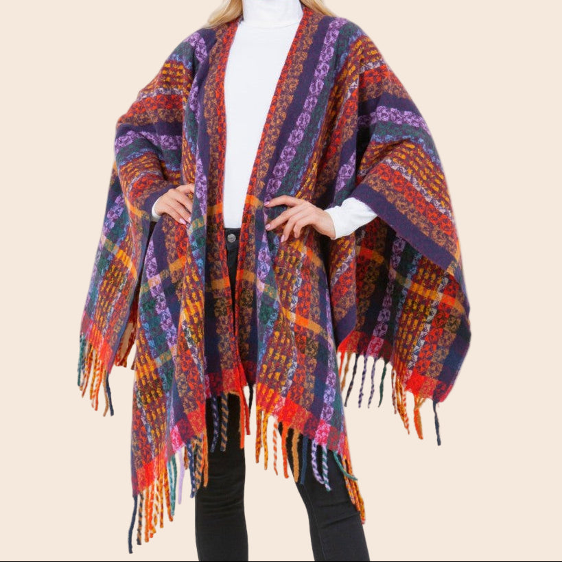 Multi-color Knit Shaw With Fringe