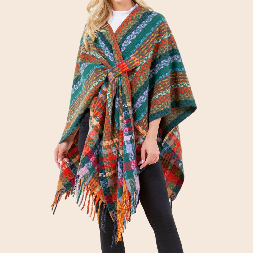 Multi-color Knit Shaw With Fringe