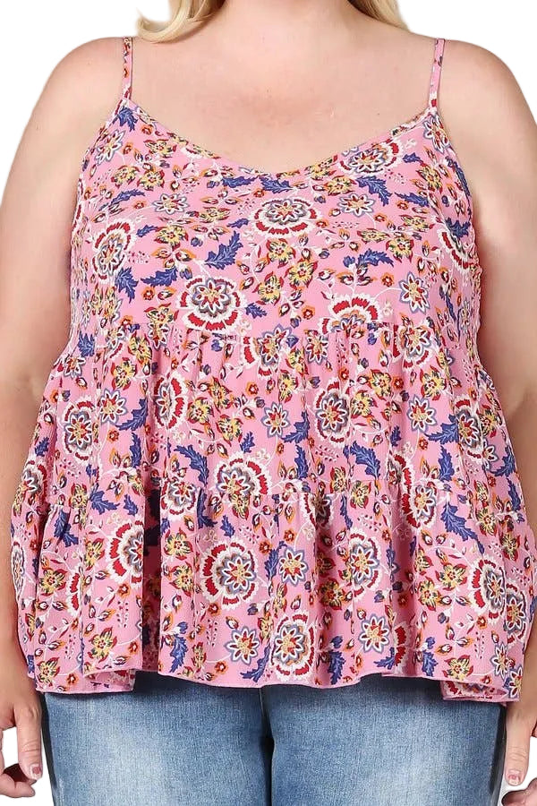 Plus Size Top Floral Paisley Print Ruffle Cami