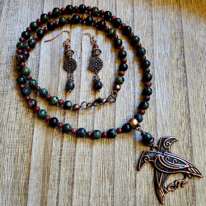 Dragon's Blood Jasper and Red Jasper Celtic Copper Raven Necklace