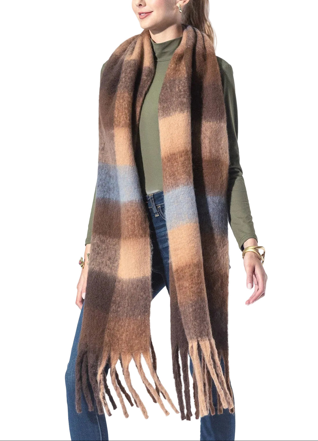 Checkered Brown Fringe Scarf