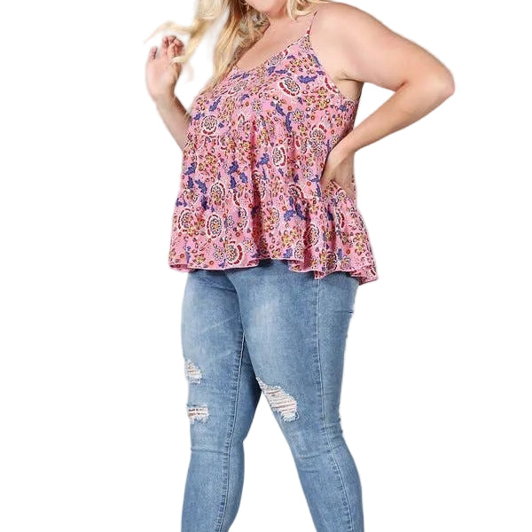 Plus Size Top Floral Paisley Print Ruffle Cami