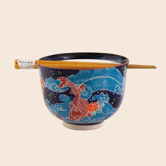 Koi Fish Design 18oz 5.25"D Bowl With Chopsticks Set