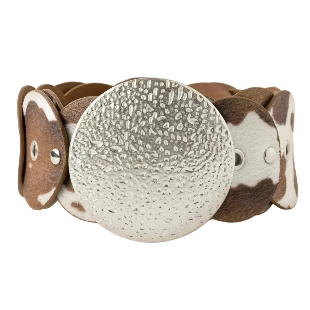 Western Inspired Faux Cowhide Large Round Buckle Belt