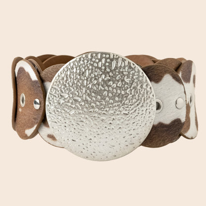 Western Inspired Faux Cowhide Large Round Buckle Belt