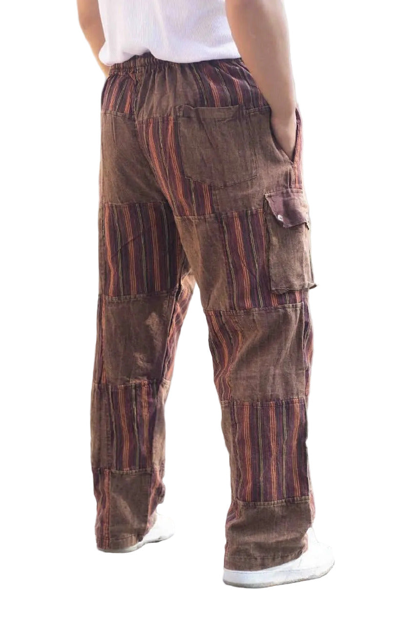 Striped Cargo Patchwork Cotton Pants