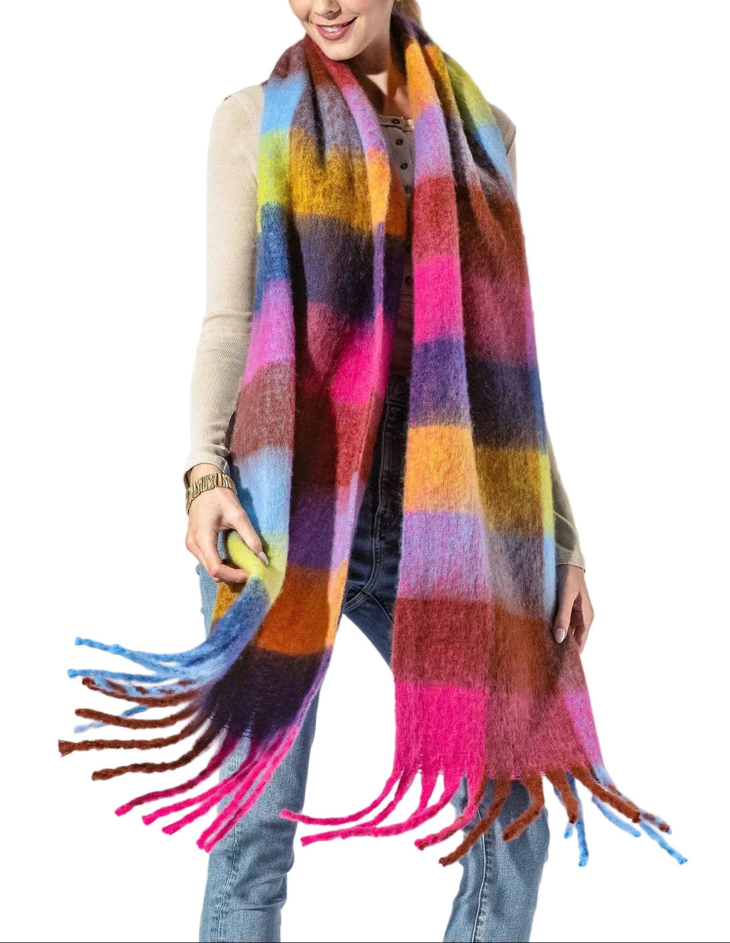 Checkered Fuchsia Fringe Scarf