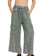 Washed Linen Elastic Waist Cargo Pants