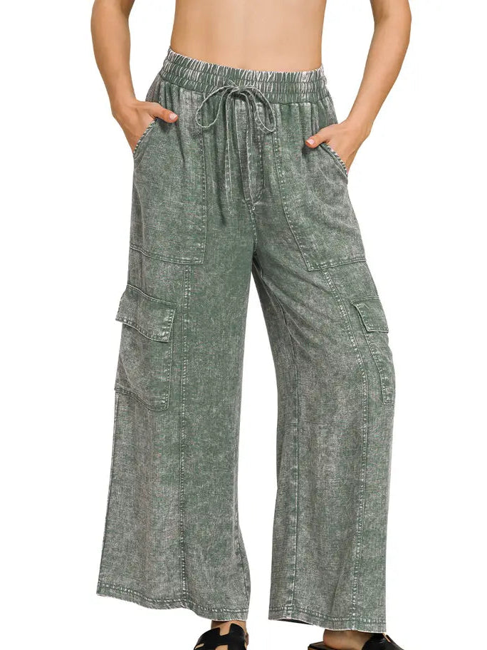 Washed Linen Elastic Waist Cargo Pants