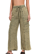 Washed Linen Elastic Waist Cargo Pants