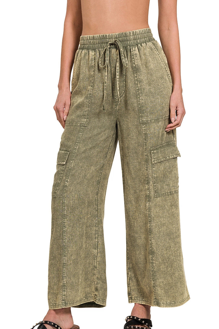 Washed Linen Elastic Waist Cargo Pants