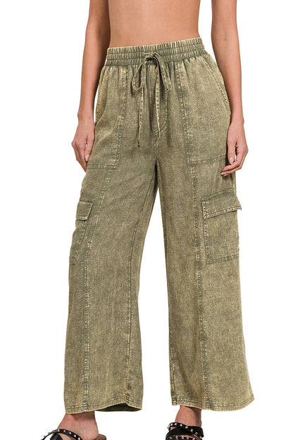 Washed Linen Elastic Waist Cargo Pants