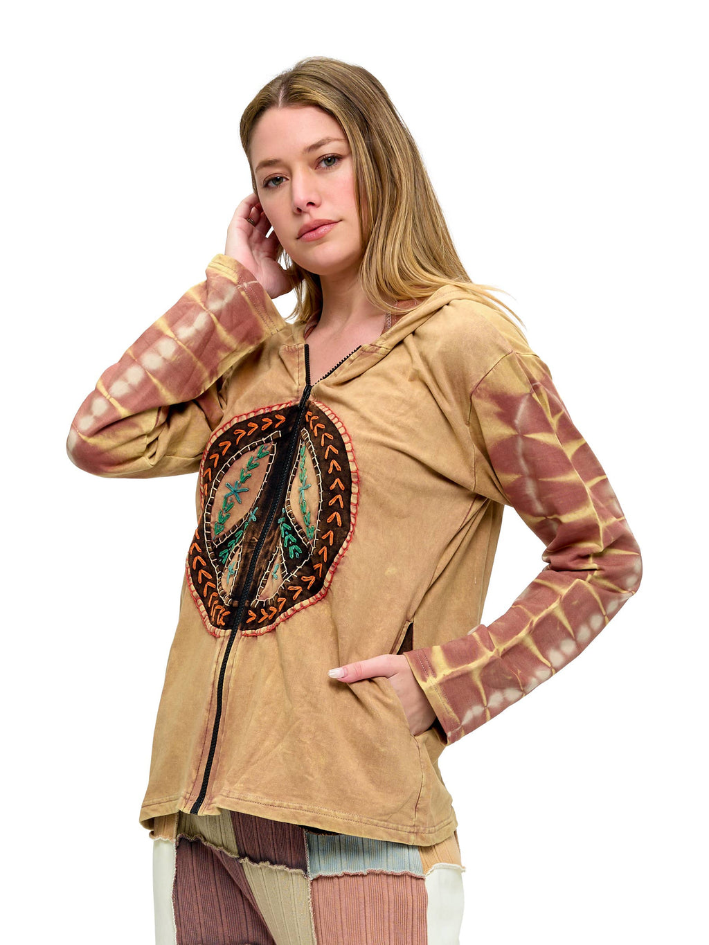 Zip-Up Jacket Vintage Washed Peace Sign Patch Embroidered