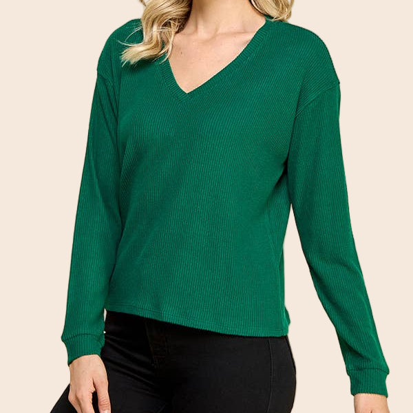 V-Neck Brushed Rib Long Sleeve Top