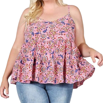 Plus Size Top Floral Paisley Print Ruffle Cami