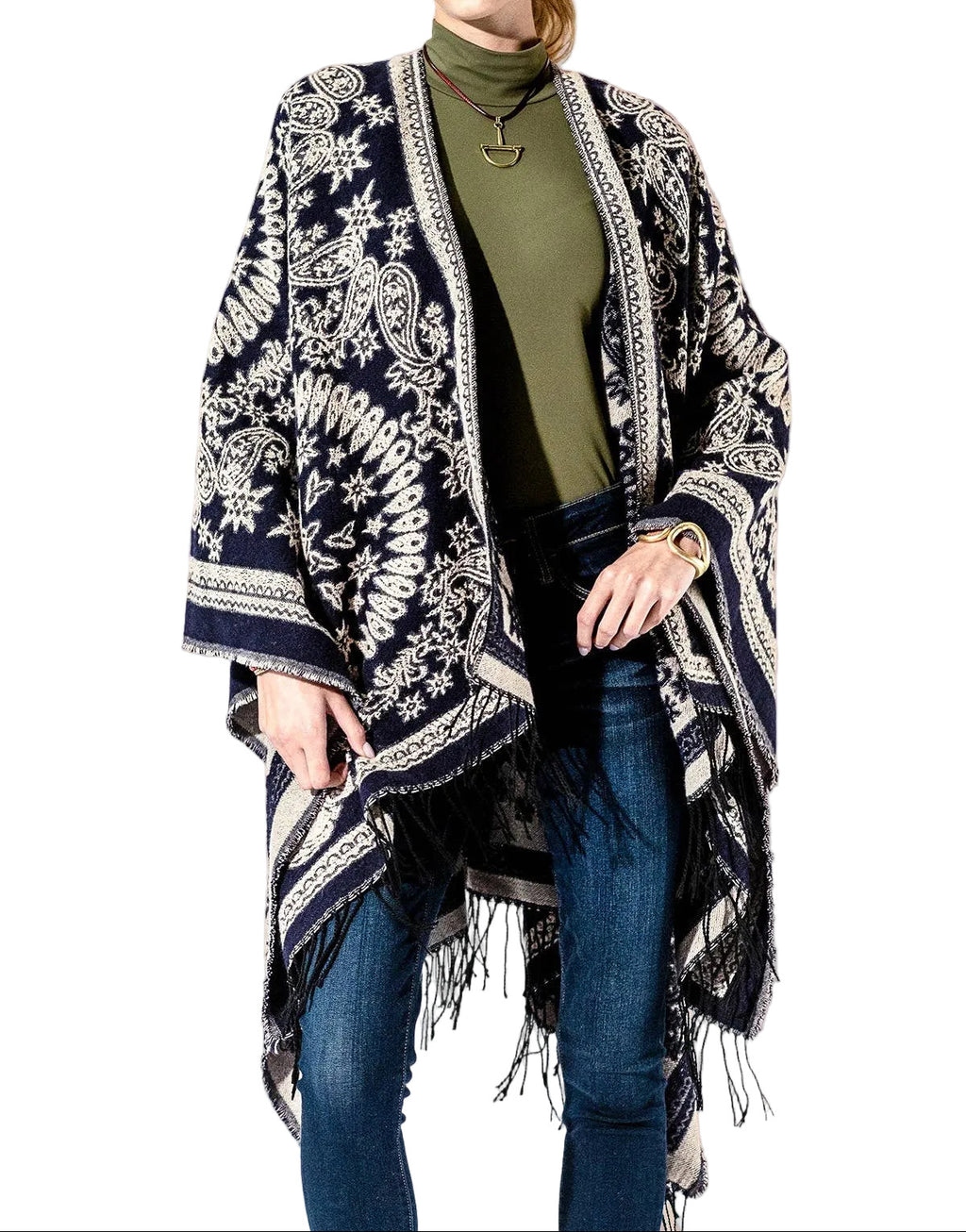 Navy and White Paisley Fringe Kimono