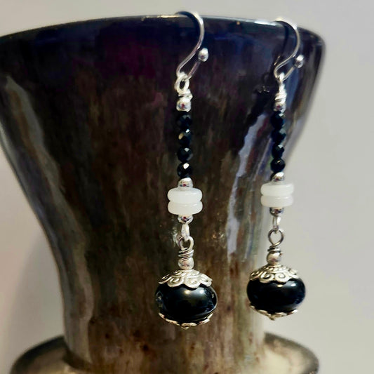 Faceted Onyx and Black and White Agate Earrings