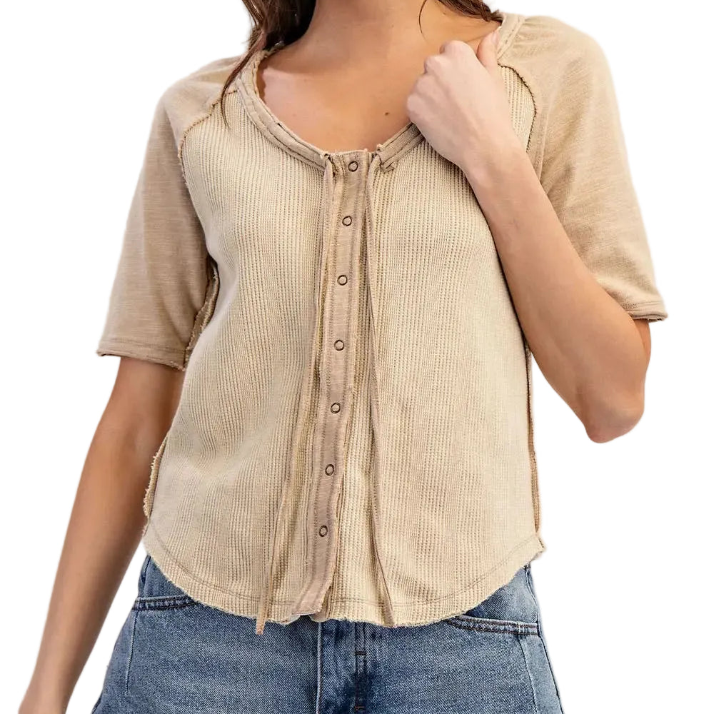 Frayed Raglan Sleeve Drawstring Top