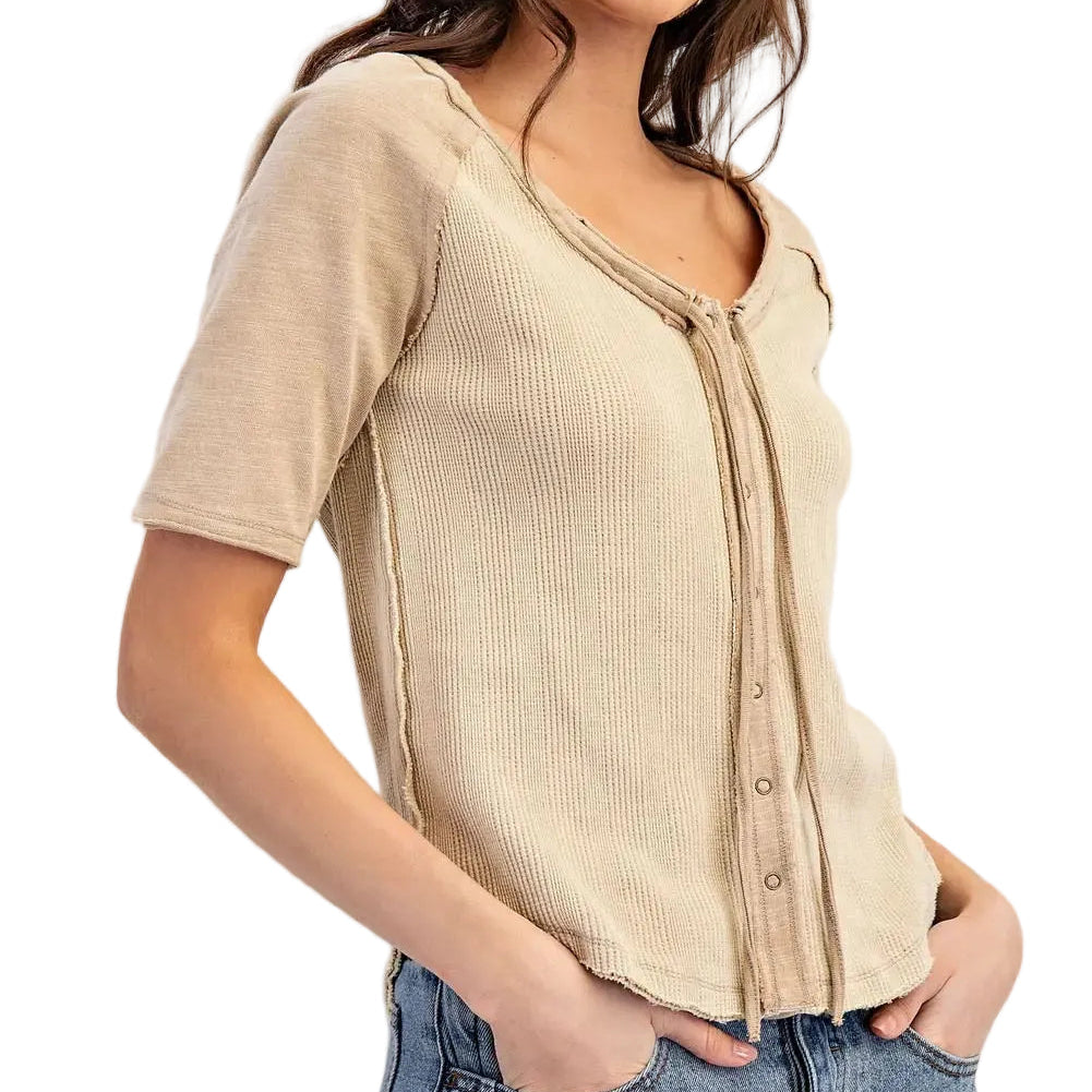 Frayed Raglan Sleeve Drawstring Top