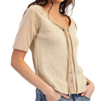 Frayed Raglan Sleeve Drawstring Top