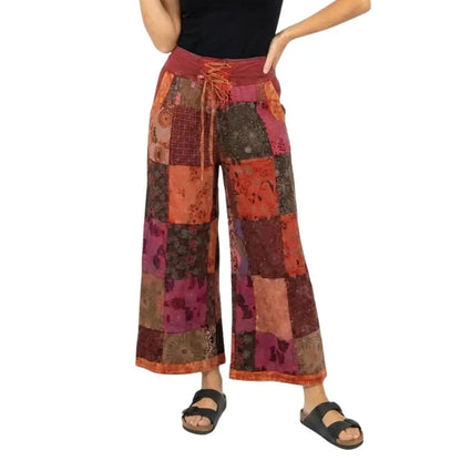 Palazzo Patchwork Pants w/ Lace-up Waistband