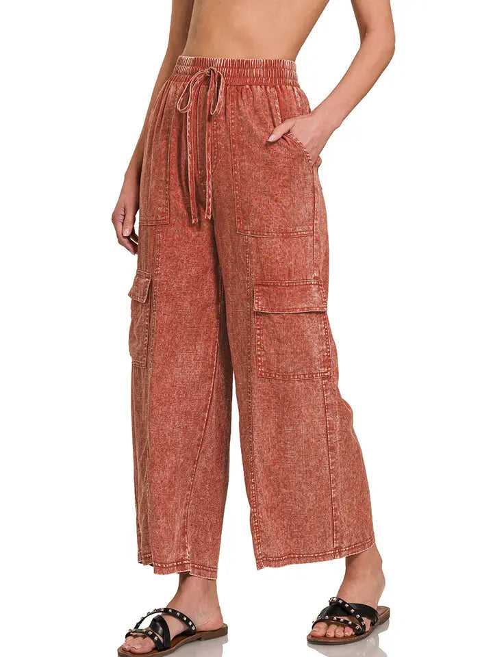 Washed Linen Elastic Waist Cargo Pants