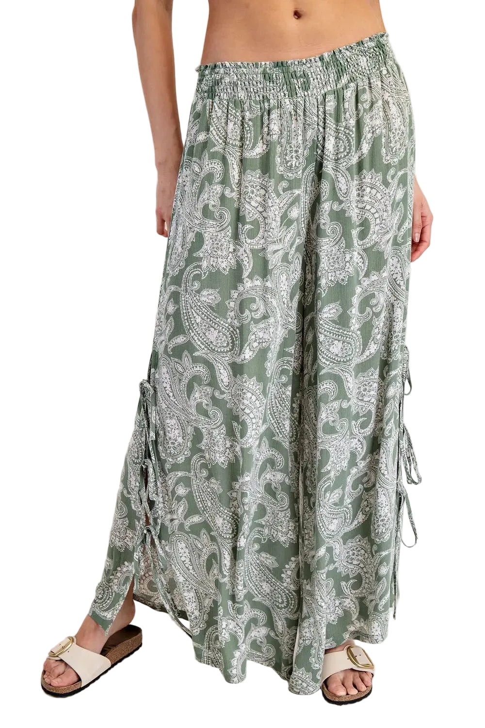 Paisley Printed Side Tie Wide Leg Pants